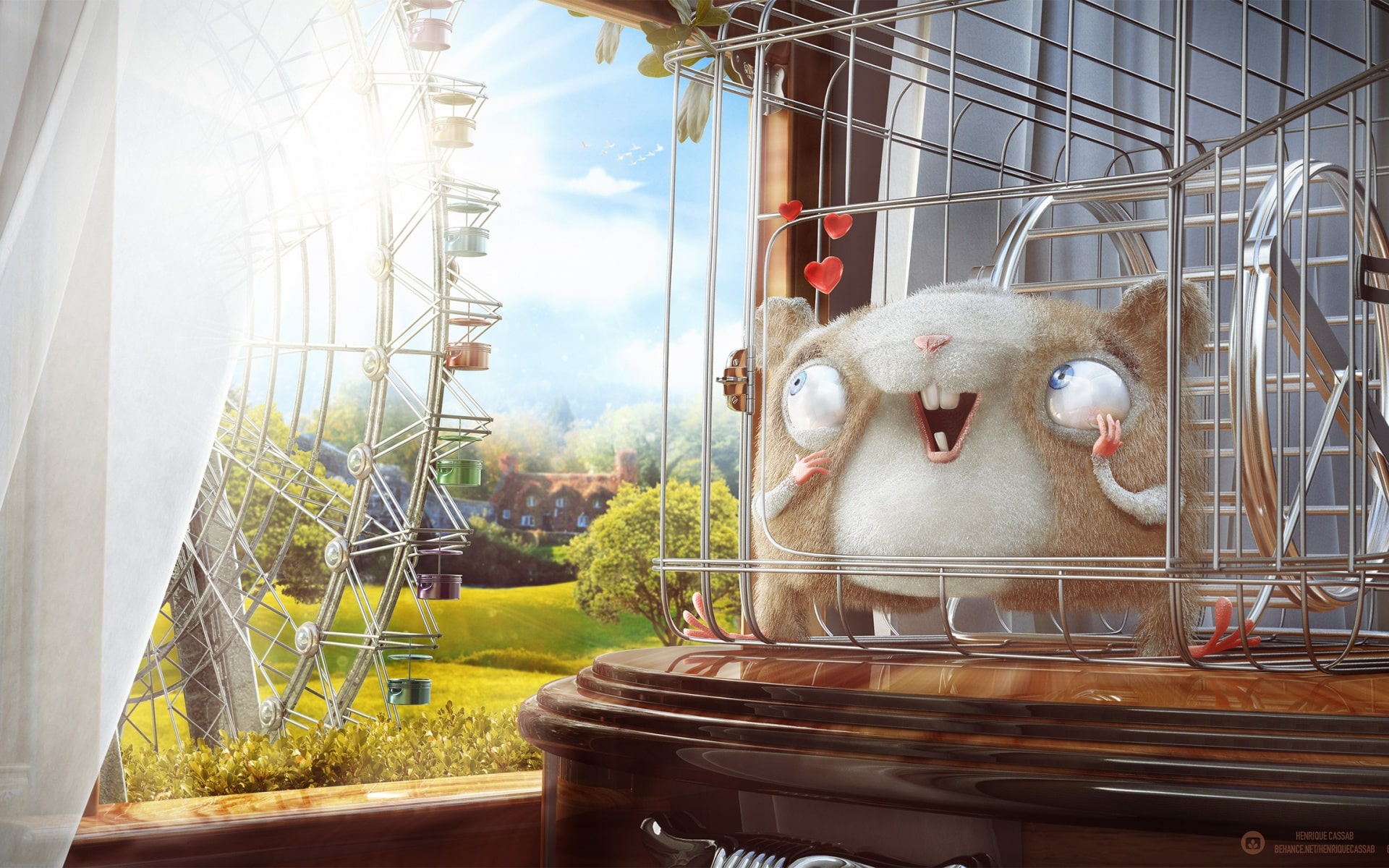 Cartoon image of a hamster in a cage looking out the window at a Ferris Wheel.