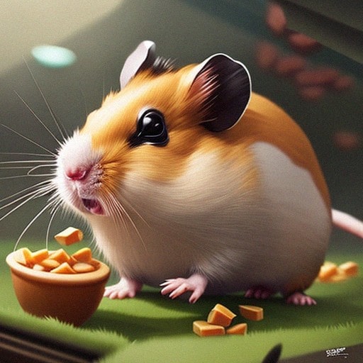 Orange and white hamster eating small orange cheese cubes.