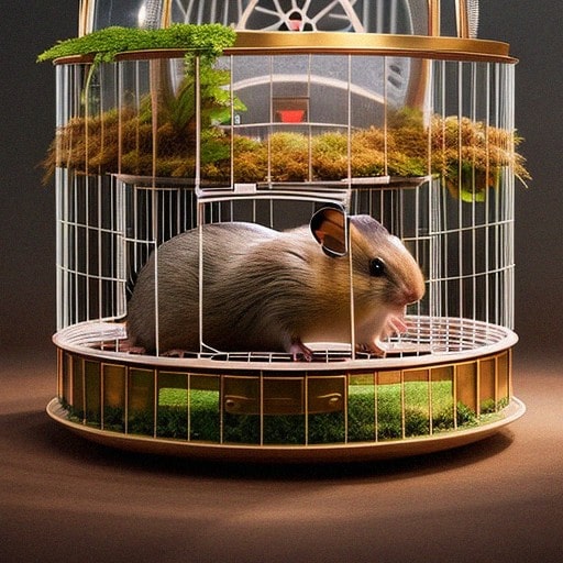 Grey hamster in a cage with green mossy bedding.