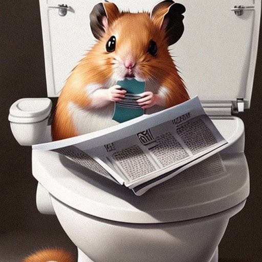 Brown and white hamster sitting on the toilet while reading a newspaper.