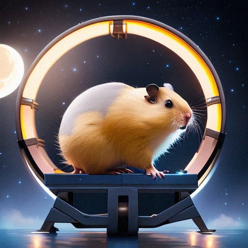 Nocturnal golden hamster in front of a wheel at night with the moon out.