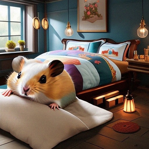 Hamster with bed, pillow, and comforter.