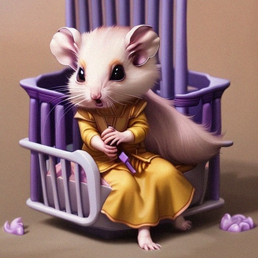 Long haired newborn hamster sitting on a purple chair.