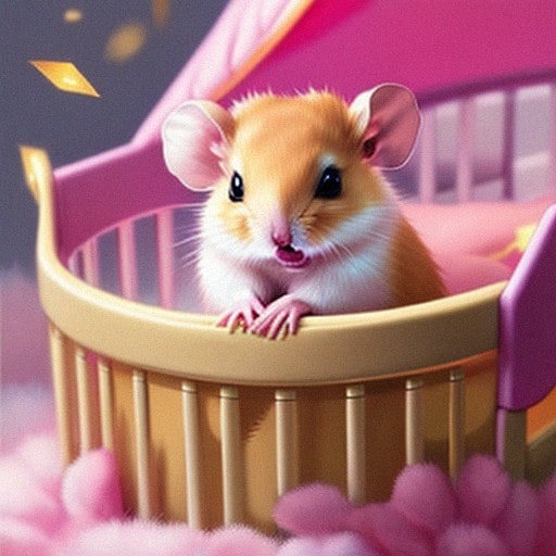 Baby golden hamster in pink and yellow crib.