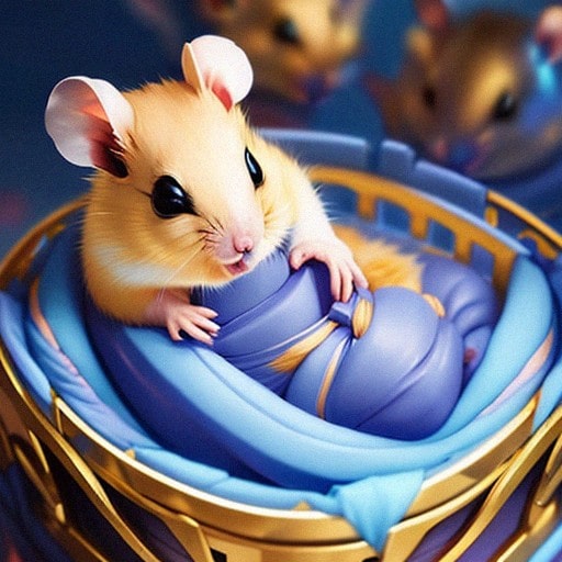 Golden newborn hamster in a basket, wrapped in blue.