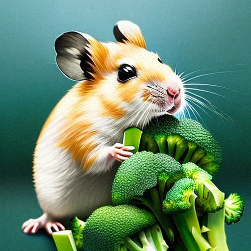 Orange and white hamster eating broccoli.