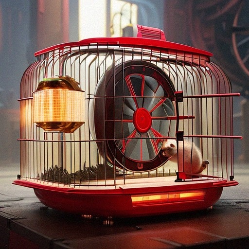 A small hamster inside a red hamster cage, examining a red hamster wheel.