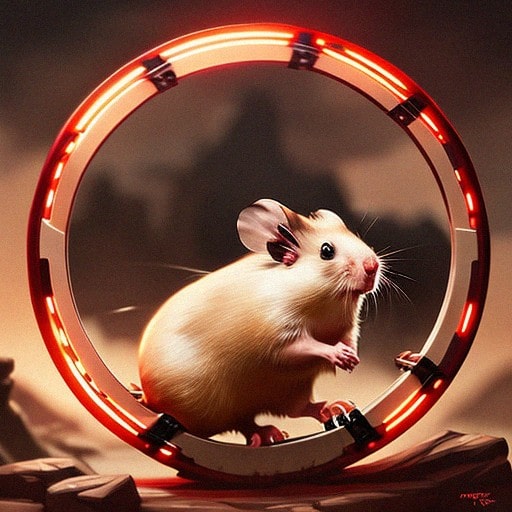 Light brown hamster running on an unsecured red hamster wheel.